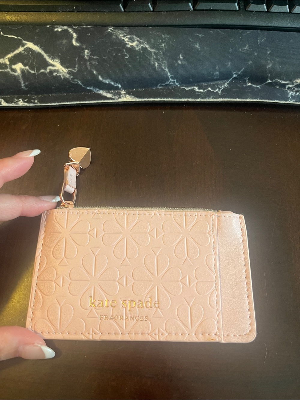 kate spade Blush Pink Embossed Card & Key Holder with Heart Zip Charm